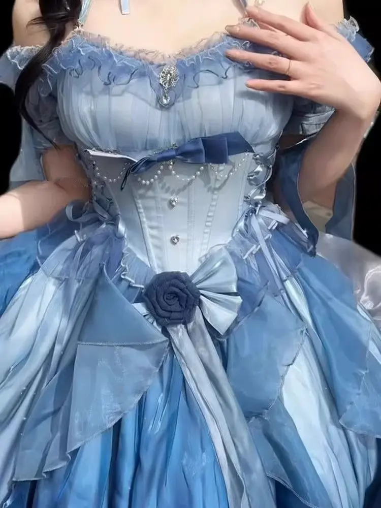 Dophee Original Lolita Trailing Puffy Dress Women Short Front Long Back Princess Blue Flower Wedding Dress Elegant Off Shoulder