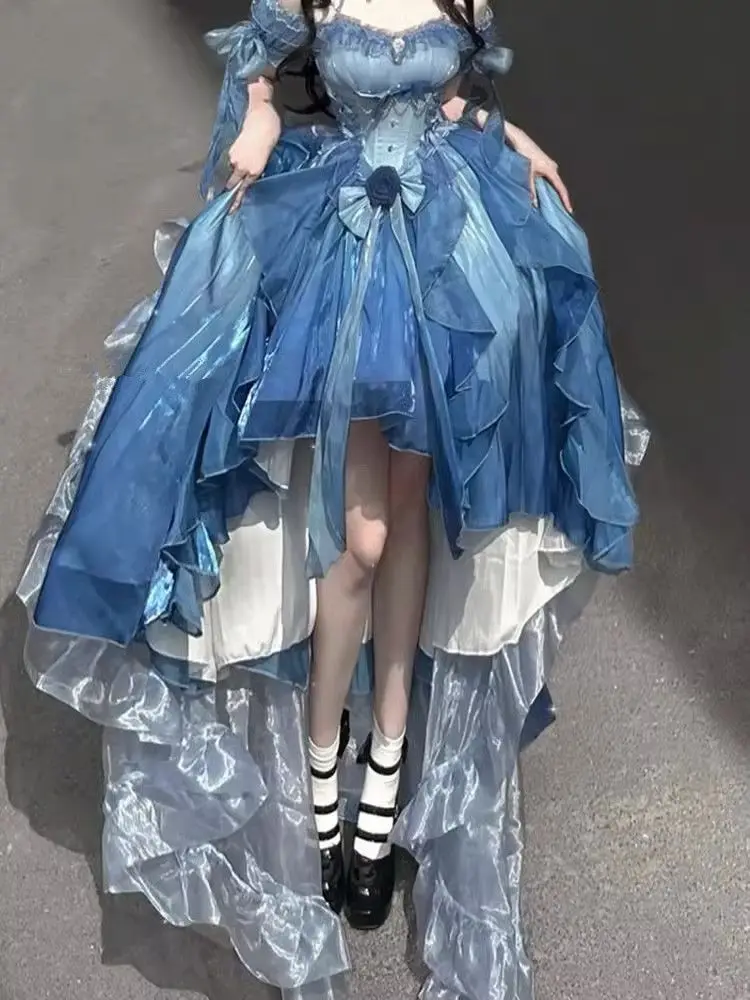 Dophee Original Lolita Trailing Puffy Dress Women Short Front Long Back Princess Blue Flower Wedding Dress Elegant Off Shoulder