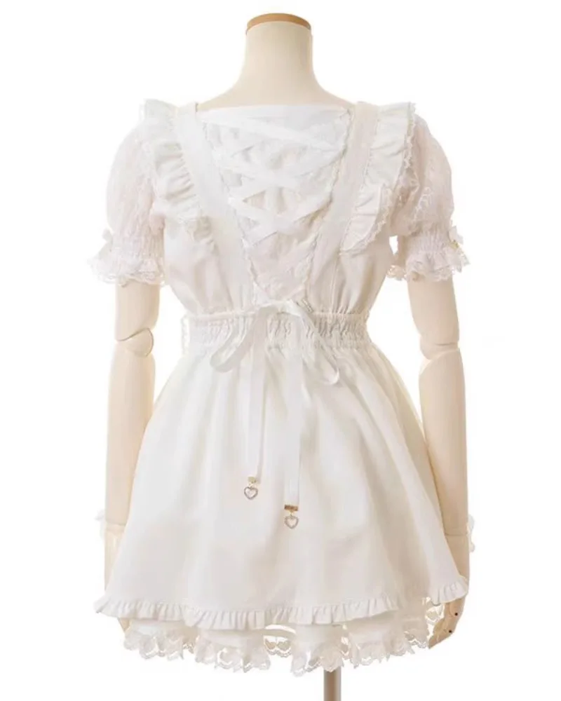 Japanese Sweet Lolita Rhinestone Bow Dress Kawaii Women Y2k Puff Sleeve Button Lace Ruffles Dress Harajuku Cute Party Cake Dress