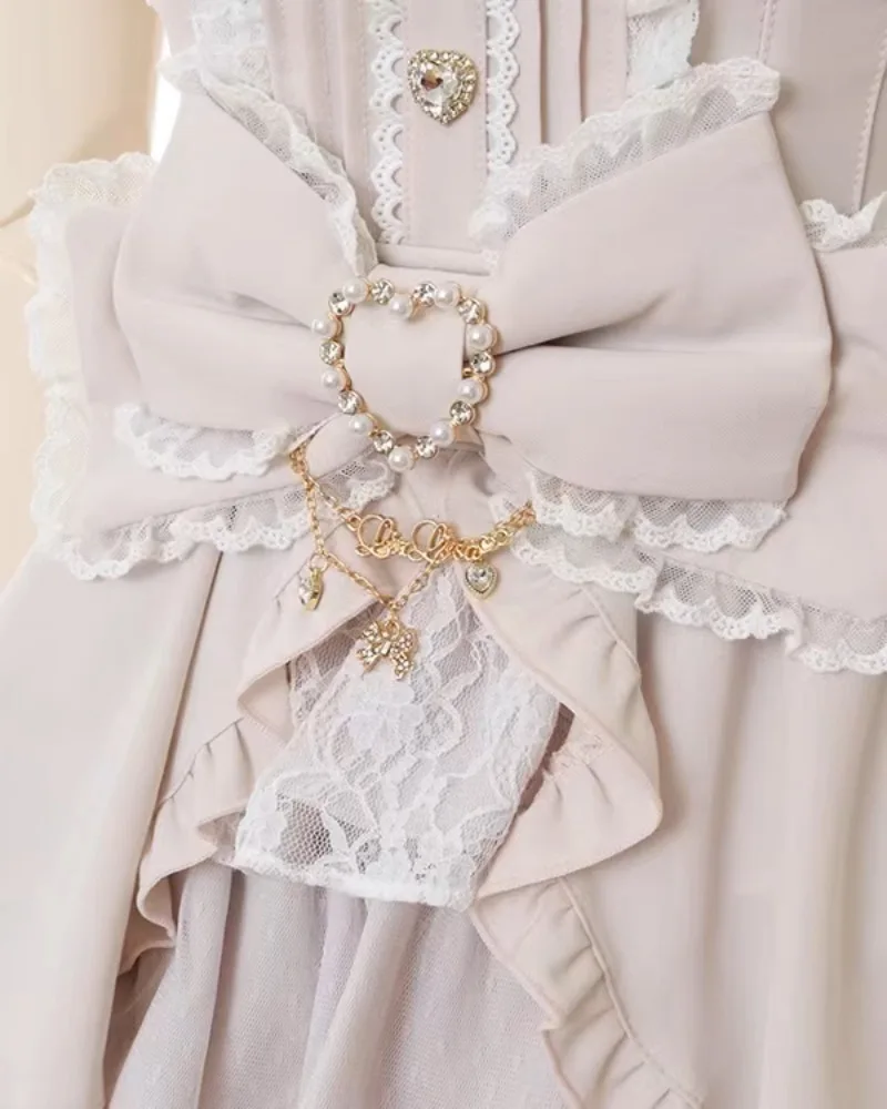Japanese Sweet Lolita Rhinestone Bow Dress Kawaii Women Y2k Puff Sleeve Button Lace Ruffles Dress Harajuku Cute Party Cake Dress