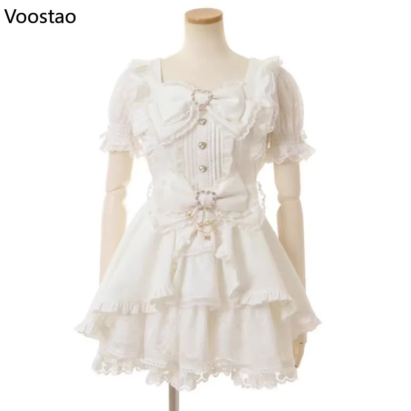 Japanese Sweet Lolita Rhinestone Bow Dress Kawaii Women Y2k Puff Sleeve Button Lace Ruffles Dress Harajuku Cute Party Cake Dress