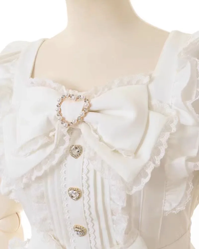 Japanese Sweet Lolita Rhinestone Bow Dress Kawaii Women Y2k Puff Sleeve Button Lace Ruffles Dress Harajuku Cute Party Cake Dress