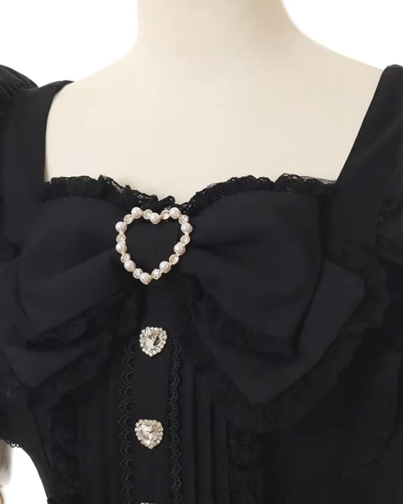 Japanese Sweet Lolita Rhinestone Bow Dress Kawaii Women Y2k Puff Sleeve Button Lace Ruffles Dress Harajuku Cute Party Cake Dress