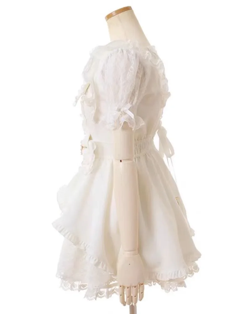 Japanese Sweet Lolita Rhinestone Bow Dress Kawaii Women Y2k Puff Sleeve Button Lace Ruffles Dress Harajuku Cute Party Cake Dress