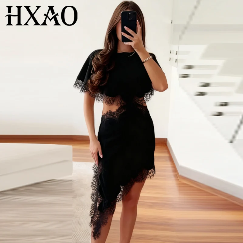 HXAO Cut Out Black Dress Woman Asymmetrical Lace Midi Dress Cape Sleeve Elegant Party Dresses Women Sexy Luxury Cocktail Dress