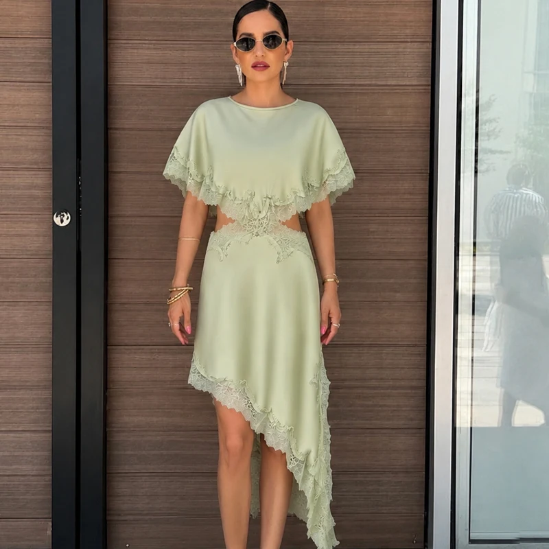 HXAO Cut Out Black Dress Woman Asymmetrical Lace Midi Dress Cape Sleeve Elegant Party Dresses Women Sexy Luxury Cocktail Dress