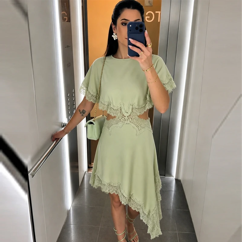 HXAO Cut Out Black Dress Woman Asymmetrical Lace Midi Dress Cape Sleeve Elegant Party Dresses Women Sexy Luxury Cocktail Dress