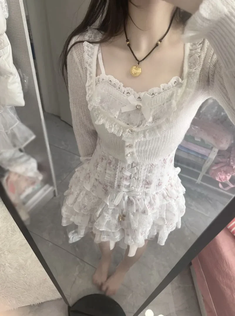 Jirai Kei Dark Sweet Lolita Mini Dress Women Bowknot Lace Puff Corset Heart Ruffle Cake Skirt Japanese Kawaii Harajuku Fashion