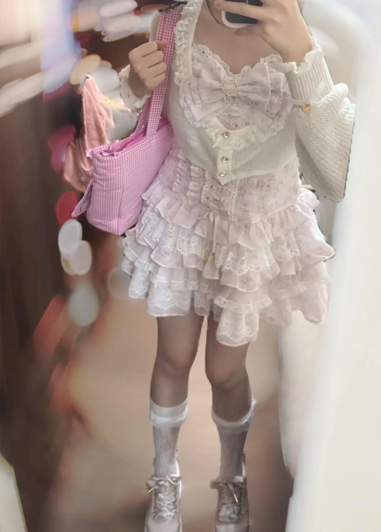 Jirai Kei Dark Sweet Lolita Mini Dress Women Bowknot Lace Puff Corset Heart Ruffle Cake Skirt Japanese Kawaii Harajuku Fashion