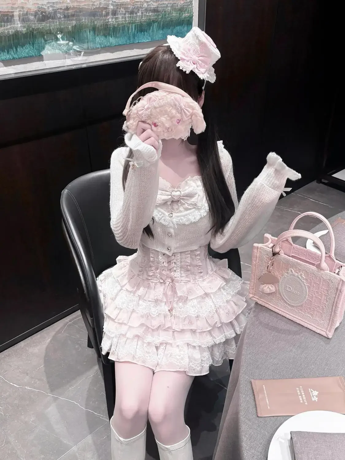 Jirai Kei Dark Sweet Lolita Mini Dress Women Bowknot Lace Puff Corset Heart Ruffle Cake Skirt Japanese Kawaii Harajuku Fashion