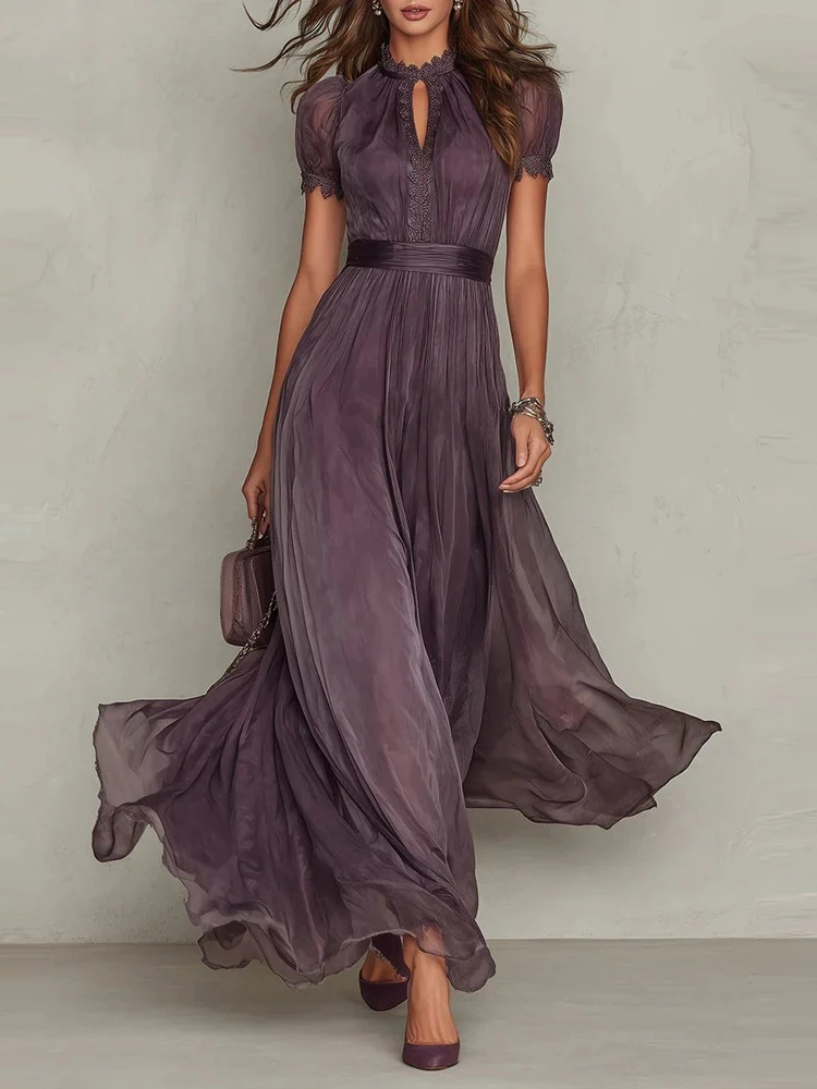 Vintage Solid Lace A-Line Long Dress Women's O Neck High Waist Pleated Party Dress Summer Short Sleeve Flowy Maxi Dresses