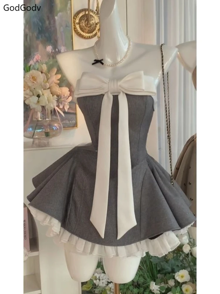 Summer New Vintage Elegant Woman Dress Strapless Bow Patchwork High Waist Puffy Mini Dress Female French Chic Sexy Outfits 2025