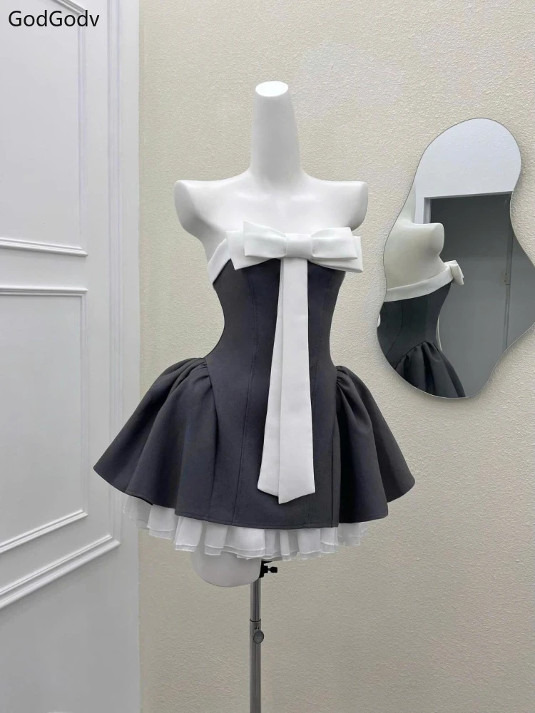 Summer New Vintage Elegant Woman Dress Strapless Bow Patchwork High Waist Puffy Mini Dress Female French Chic Sexy Outfits 2025