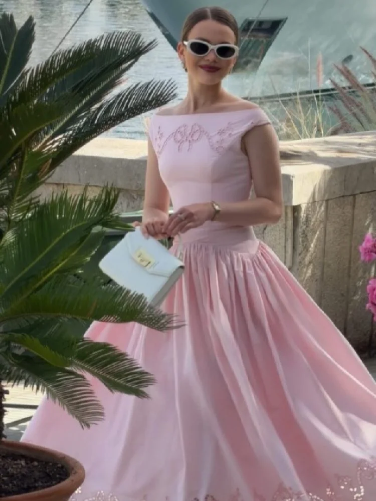 Minimalist White Boat Neck Midi Dress Women Elegant Cap Sleeve A-line Flare Eyelet Embroidery Vestido Wedding Formal Party Gown