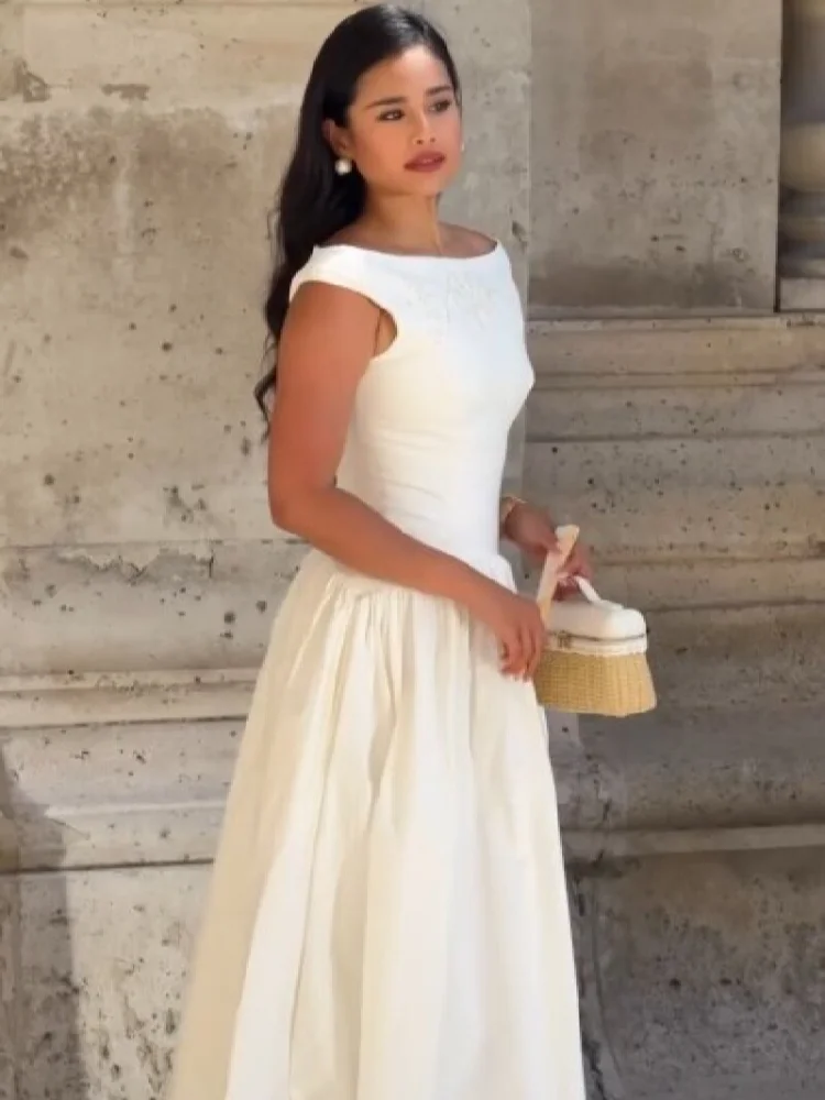Minimalist White Boat Neck Midi Dress Women Elegant Cap Sleeve A-line Flare Eyelet Embroidery Vestido Wedding Formal Party Gown