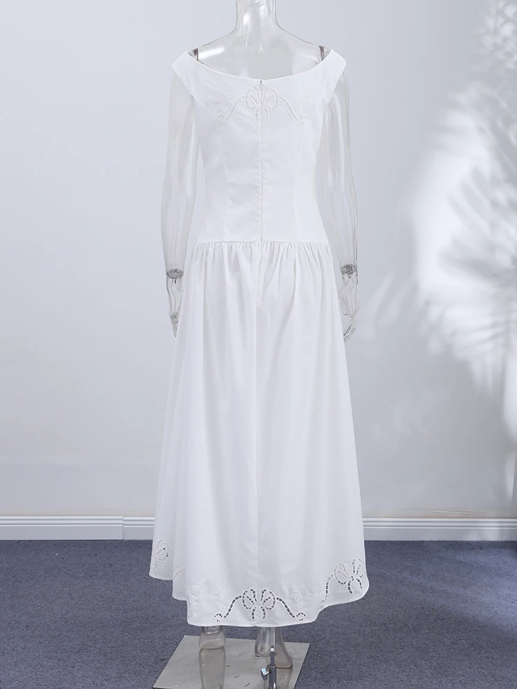 Minimalist White Boat Neck Midi Dress Women Elegant Cap Sleeve A-line Flare Eyelet Embroidery Vestido Wedding Formal Party Gown