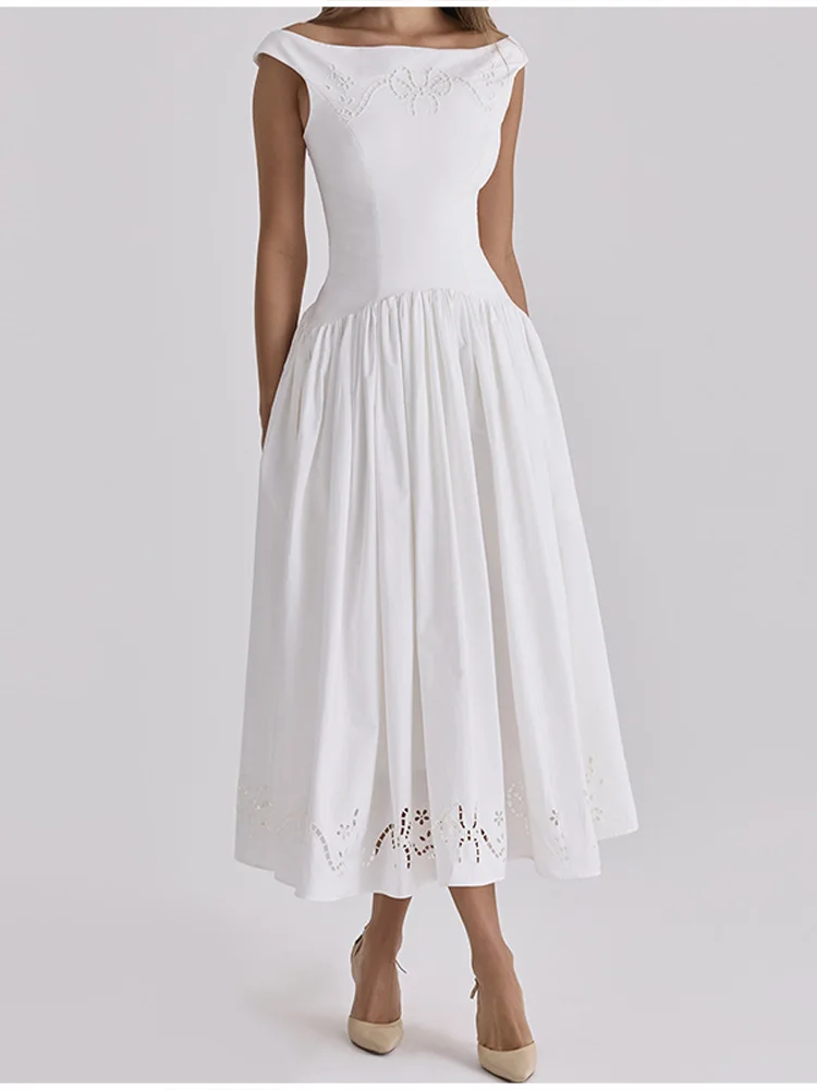 Minimalist White Boat Neck Midi Dress Women Elegant Cap Sleeve A-line Flare Eyelet Embroidery Vestido Wedding Formal Party Gown