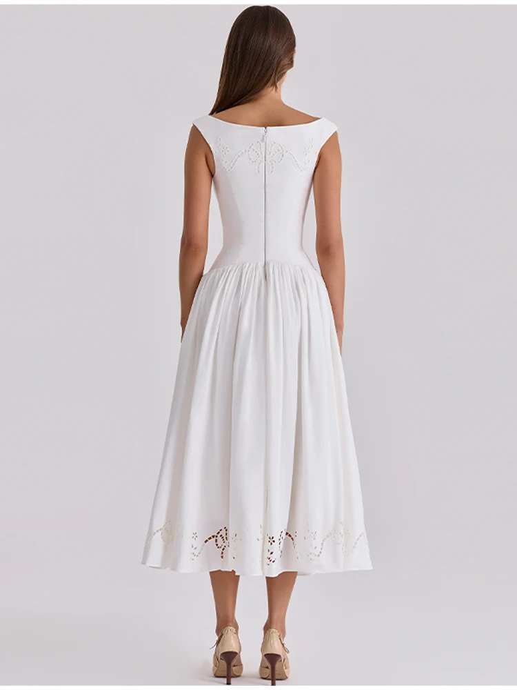 Minimalist White Boat Neck Midi Dress Women Elegant Cap Sleeve A-line Flare Eyelet Embroidery Vestido Wedding Formal Party Gown