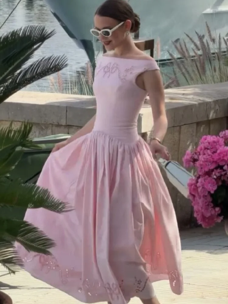 Minimalist White Boat Neck Midi Dress Women Elegant Cap Sleeve A-line Flare Eyelet Embroidery Vestido Wedding Formal Party Gown