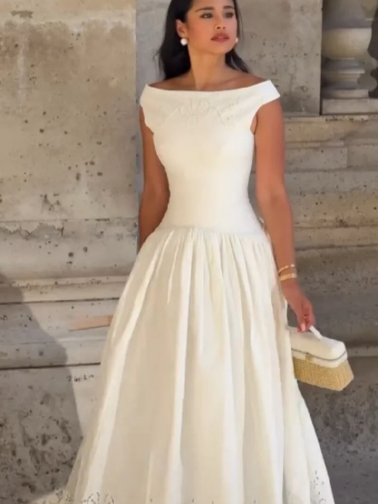 Minimalist White Boat Neck Midi Dress Women Elegant Cap Sleeve A-line Flare Eyelet Embroidery Vestido Wedding Formal Party Gown