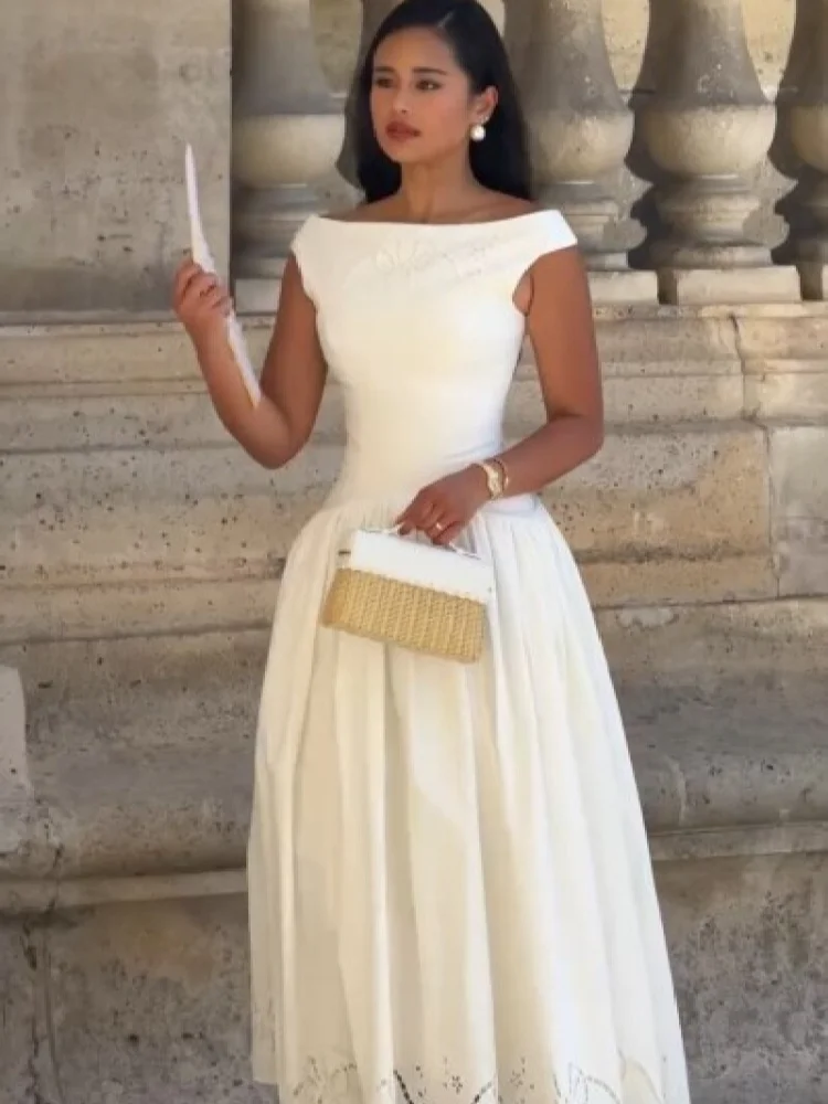 Minimalist White Boat Neck Midi Dress Women Elegant Cap Sleeve A-line Flare Eyelet Embroidery Vestido Wedding Formal Party Gown