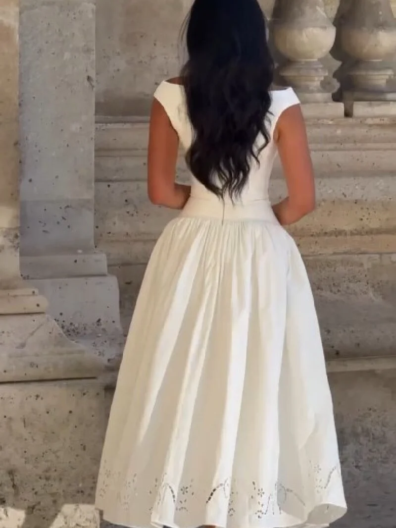 Minimalist White Boat Neck Midi Dress Women Elegant Cap Sleeve A-line Flare Eyelet Embroidery Vestido Wedding Formal Party Gown