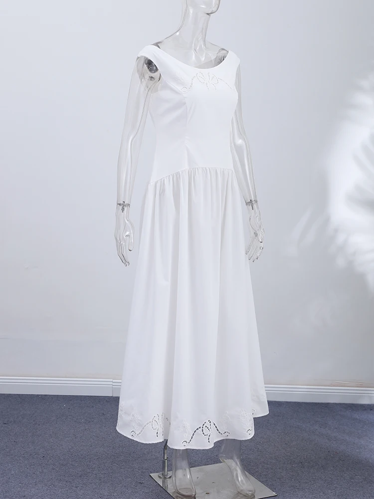 Minimalist White Boat Neck Midi Dress Women Elegant Cap Sleeve A-line Flare Eyelet Embroidery Vestido Wedding Formal Party Gown