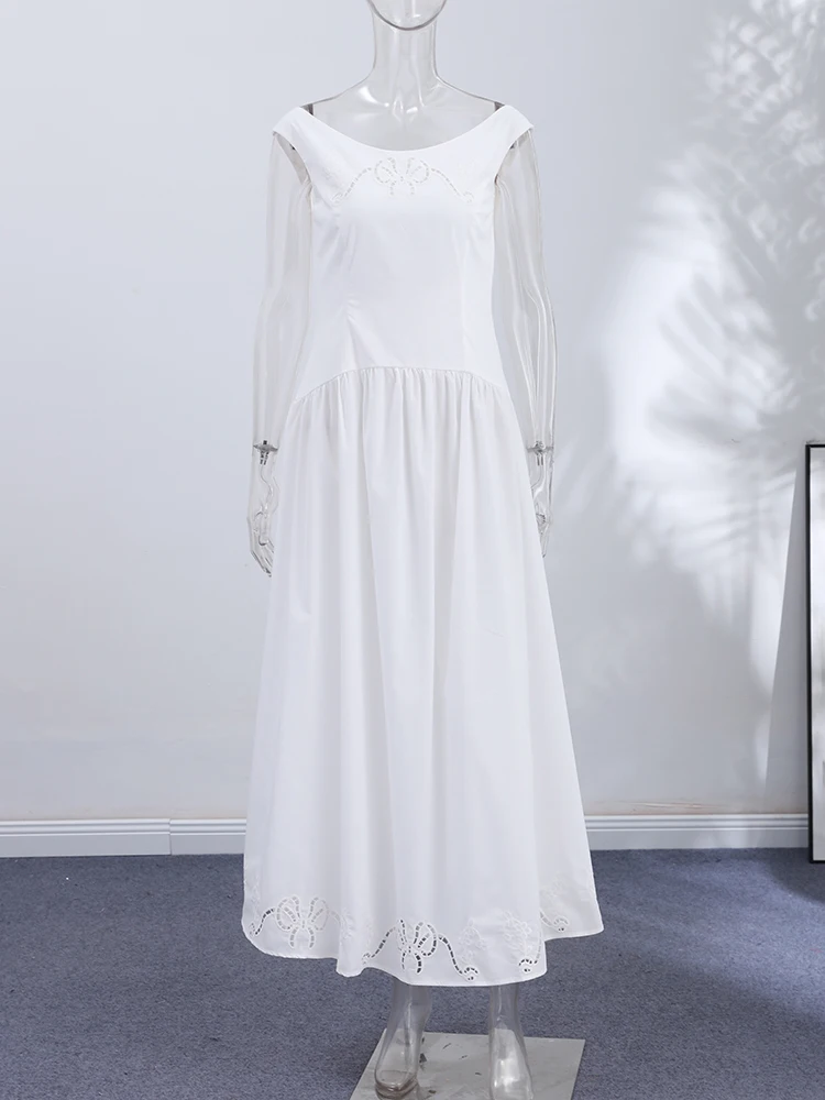 Minimalist White Boat Neck Midi Dress Women Elegant Cap Sleeve A-line Flare Eyelet Embroidery Vestido Wedding Formal Party Gown