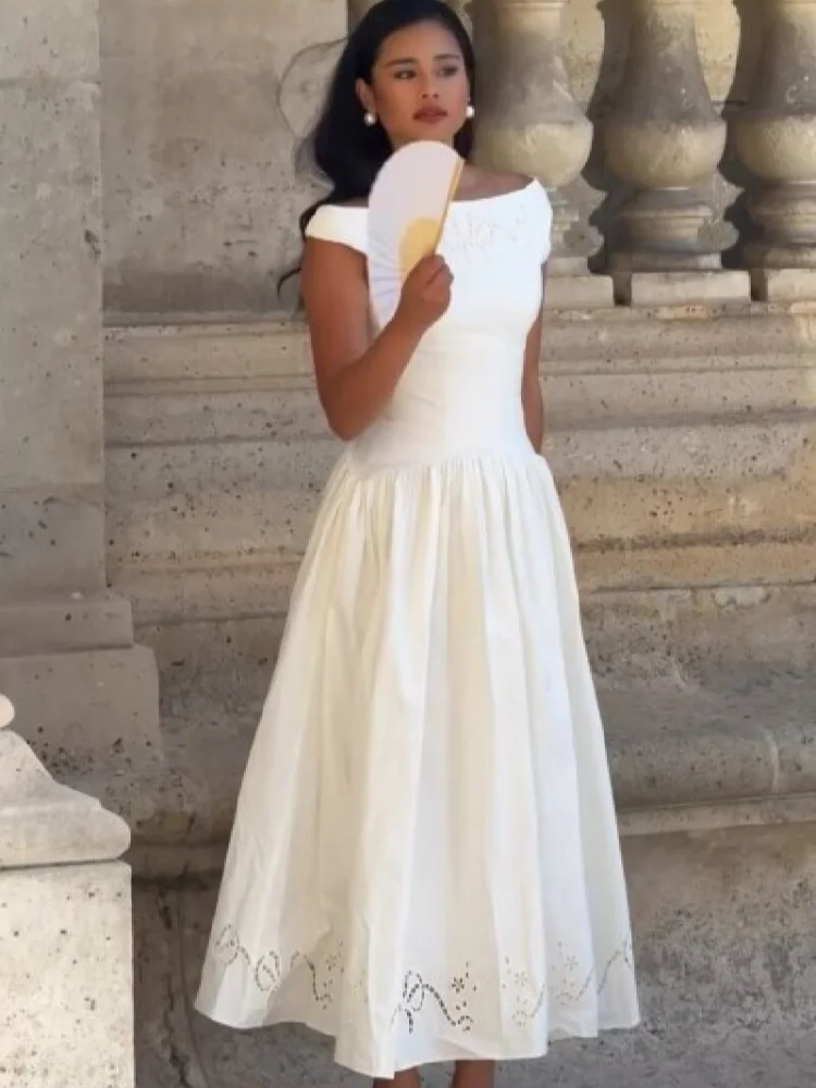 Minimalist White Boat Neck Midi Dress Women Elegant Cap Sleeve A-line Flare Eyelet Embroidery Vestido Wedding Formal Party Gown