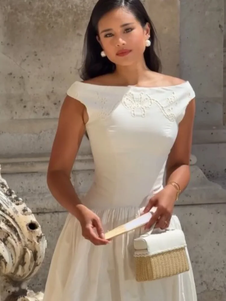 Minimalist White Boat Neck Midi Dress Women Elegant Cap Sleeve A-line Flare Eyelet Embroidery Vestido Wedding Formal Party Gown