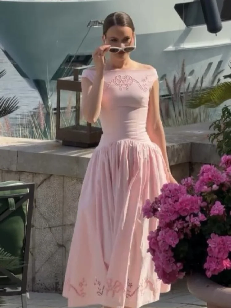 Minimalist White Boat Neck Midi Dress Women Elegant Cap Sleeve A-line Flare Eyelet Embroidery Vestido Wedding Formal Party Gown