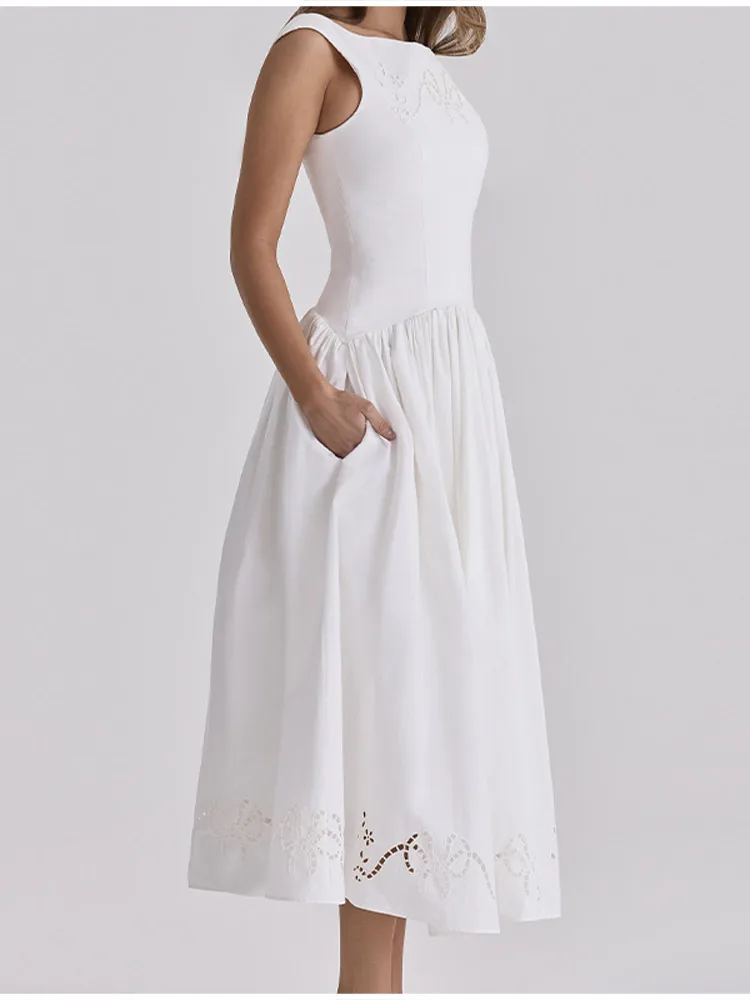 Minimalist White Boat Neck Midi Dress Women Elegant Cap Sleeve A-line Flare Eyelet Embroidery Vestido Wedding Formal Party Gown