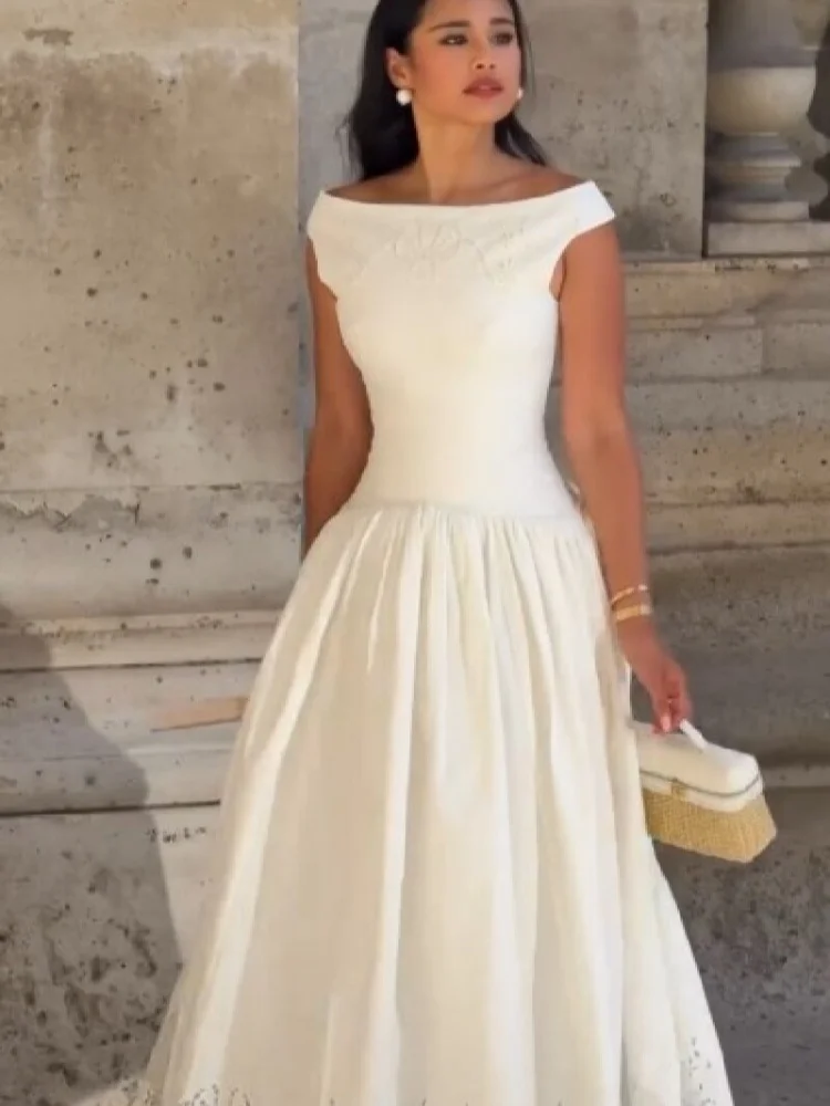 Minimalist White Boat Neck Midi Dress Women Elegant Cap Sleeve A-line Flare Eyelet Embroidery Vestido Wedding Formal Party Gown