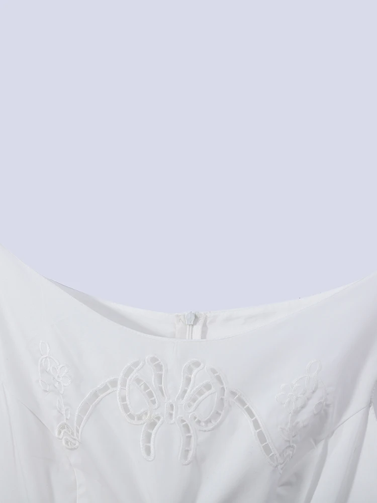 Minimalist White Boat Neck Midi Dress Women Elegant Cap Sleeve A-line Flare Eyelet Embroidery Vestido Wedding Formal Party Gown