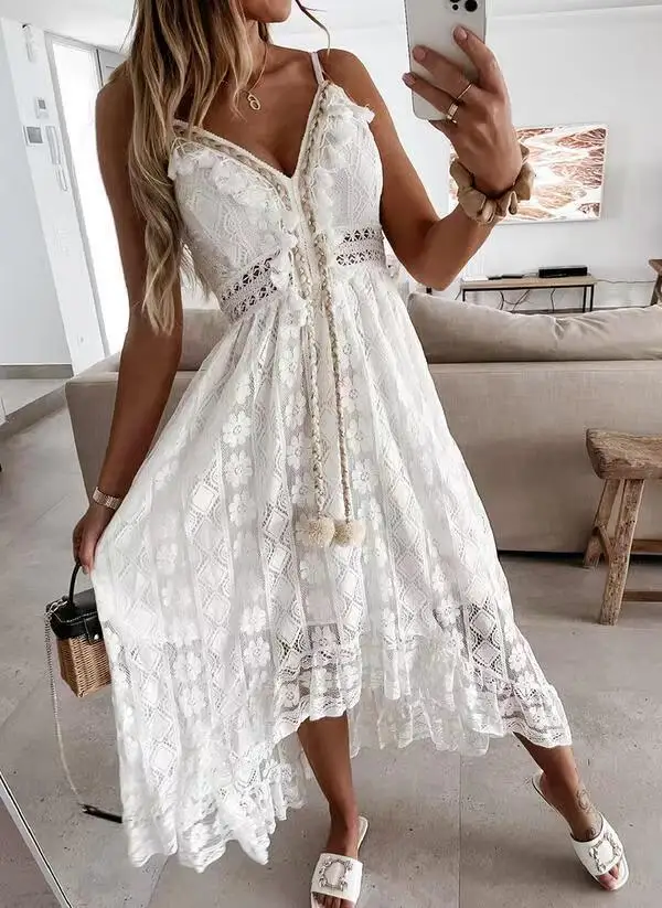 Summer new European and American lace suspender pendulum solid color long dress solid color