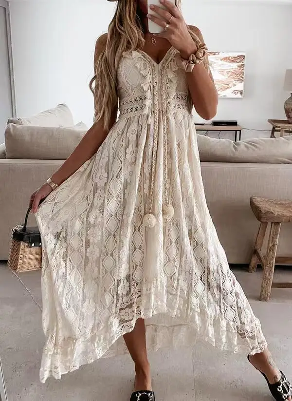 Summer new European and American lace suspender pendulum solid color long dress solid color