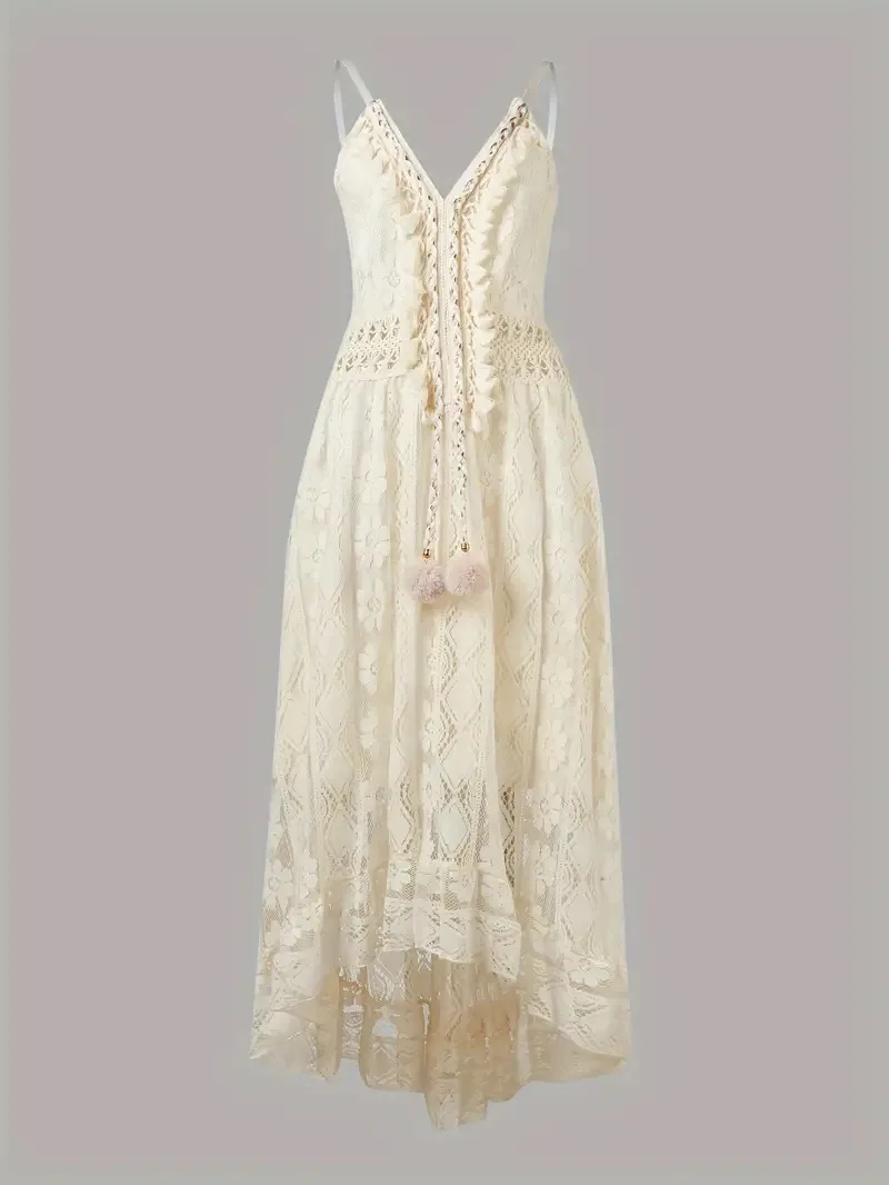 Summer new European and American lace suspender pendulum solid color long dress solid color