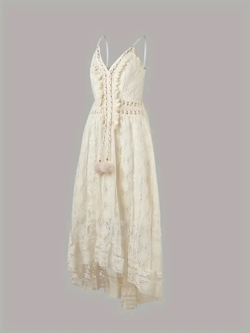 Summer new European and American lace suspender pendulum solid color long dress solid color