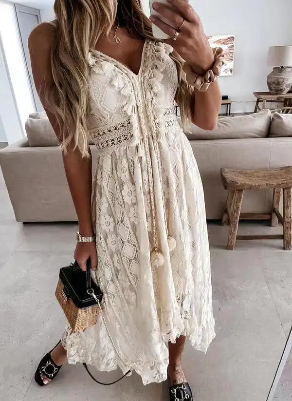 Summer new European and American lace suspender pendulum solid color long dress solid color