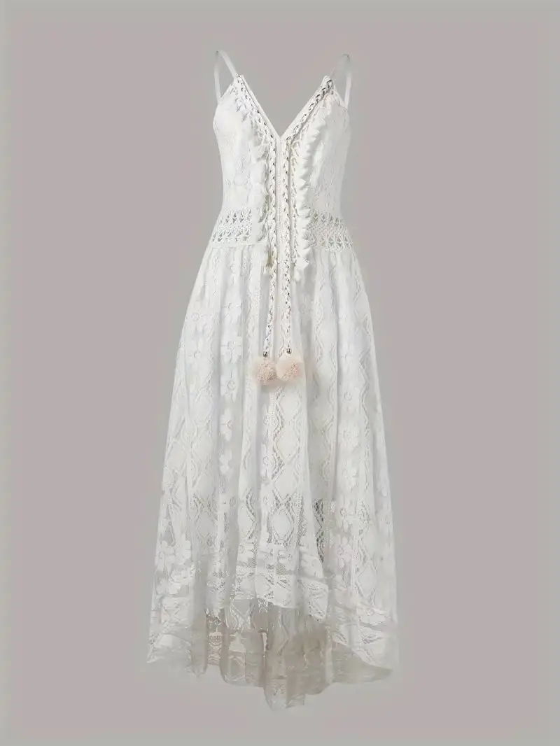 Summer new European and American lace suspender pendulum solid color long dress solid color
