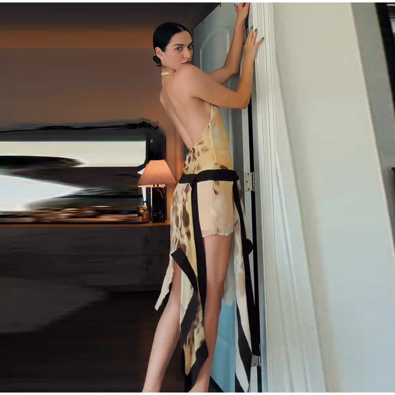 Yellow Brown Tie-Dye Midi Dress Print Halter Neck Open Back Asymmetric Hem Chiffon Dresses 2026 Party Women Fashion Chic Outfit