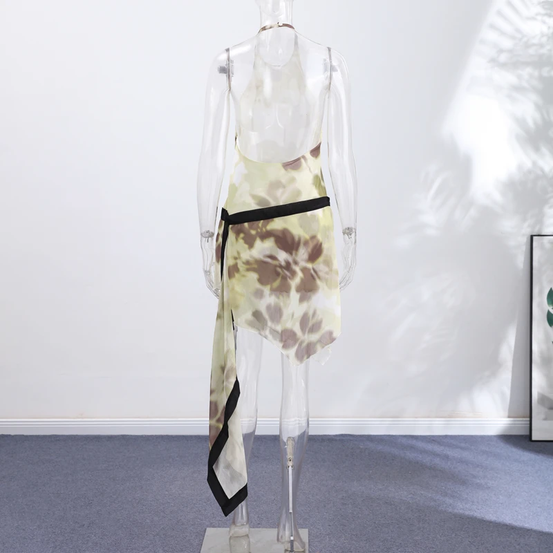 Yellow Brown Tie-Dye Midi Dress Print Halter Neck Open Back Asymmetric Hem Chiffon Dresses 2026 Party Women Fashion Chic Outfit