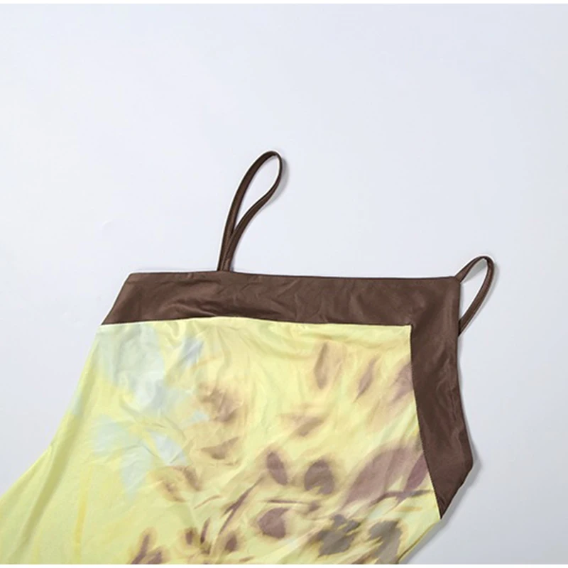Yellow Brown Tie-Dye Midi Dress Print Halter Neck Open Back Asymmetric Hem Chiffon Dresses 2026 Party Women Fashion Chic Outfit