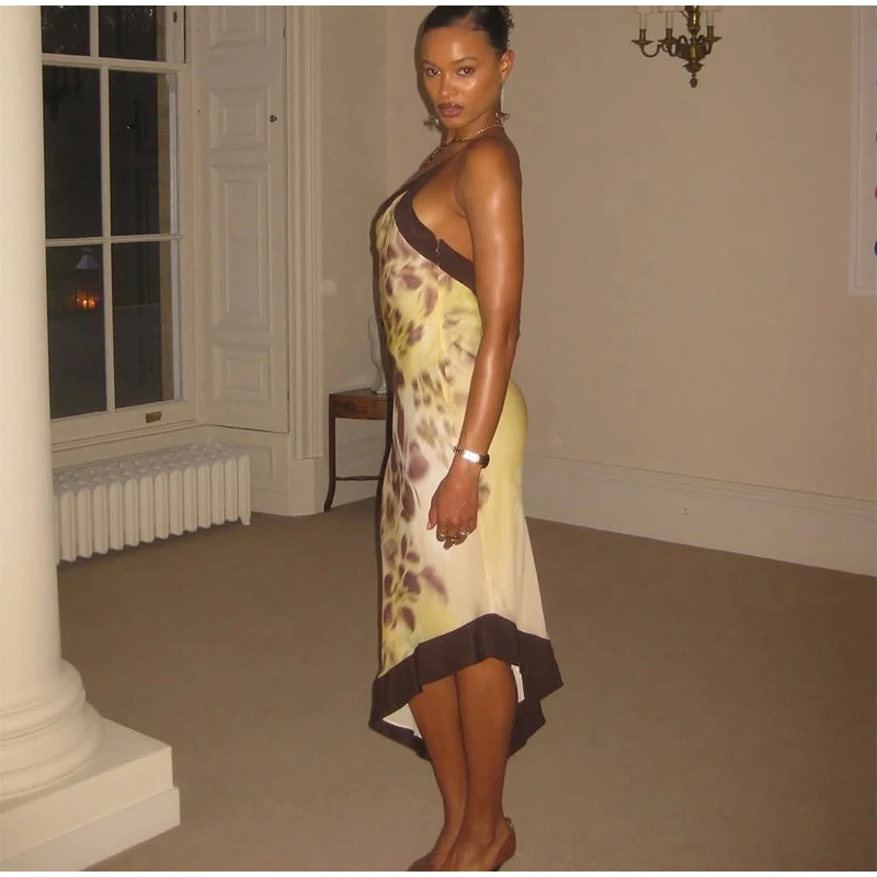 Yellow Brown Tie-Dye Midi Dress Print Halter Neck Open Back Asymmetric Hem Chiffon Dresses 2026 Party Women Fashion Chic Outfit
