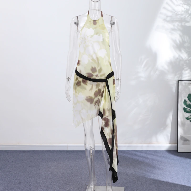 Yellow Brown Tie-Dye Midi Dress Print Halter Neck Open Back Asymmetric Hem Chiffon Dresses 2026 Party Women Fashion Chic Outfit