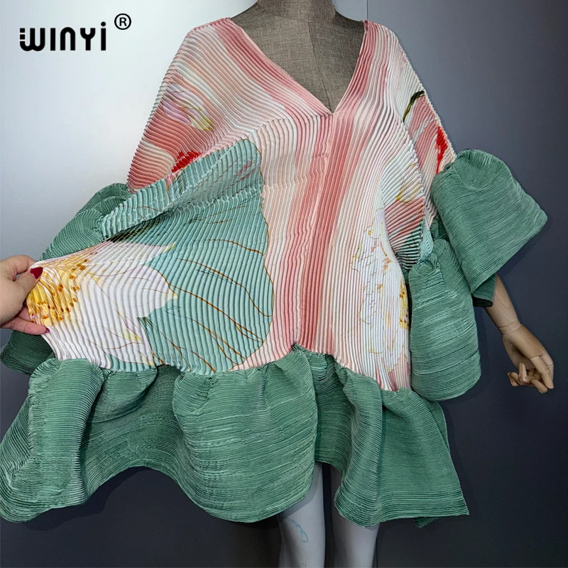 WINYI Women's Pleated Elastic Elegant Short Dress Beach Cover Up Kaftan Abaya Dubai Luxury Evening Wear Muslim Fashion