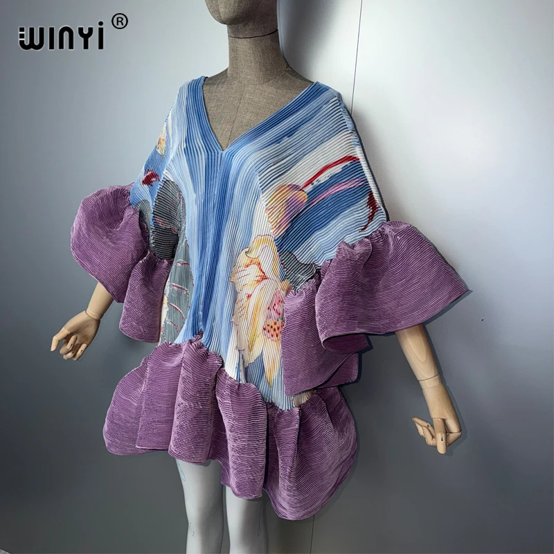 WINYI Women's Pleated Elastic Elegant Short Dress Beach Cover Up Kaftan Abaya Dubai Luxury Evening Wear Muslim Fashion