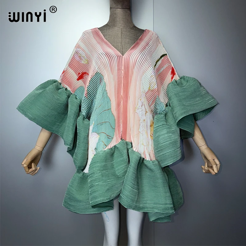 WINYI Women's Pleated Elastic Elegant Short Dress Beach Cover Up Kaftan Abaya Dubai Luxury Evening Wear Muslim Fashion
