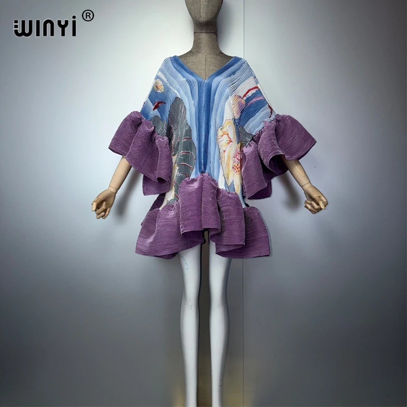 WINYI Women's Pleated Elastic Elegant Short Dress Beach Cover Up Kaftan Abaya Dubai Luxury Evening Wear Muslim Fashion
