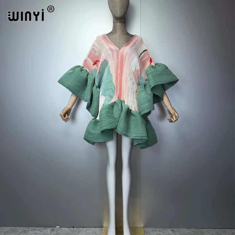 WINYI Women's Pleated Elastic Elegant Short Dress Beach Cover Up Kaftan Abaya Dubai Luxury Evening Wear Muslim Fashion